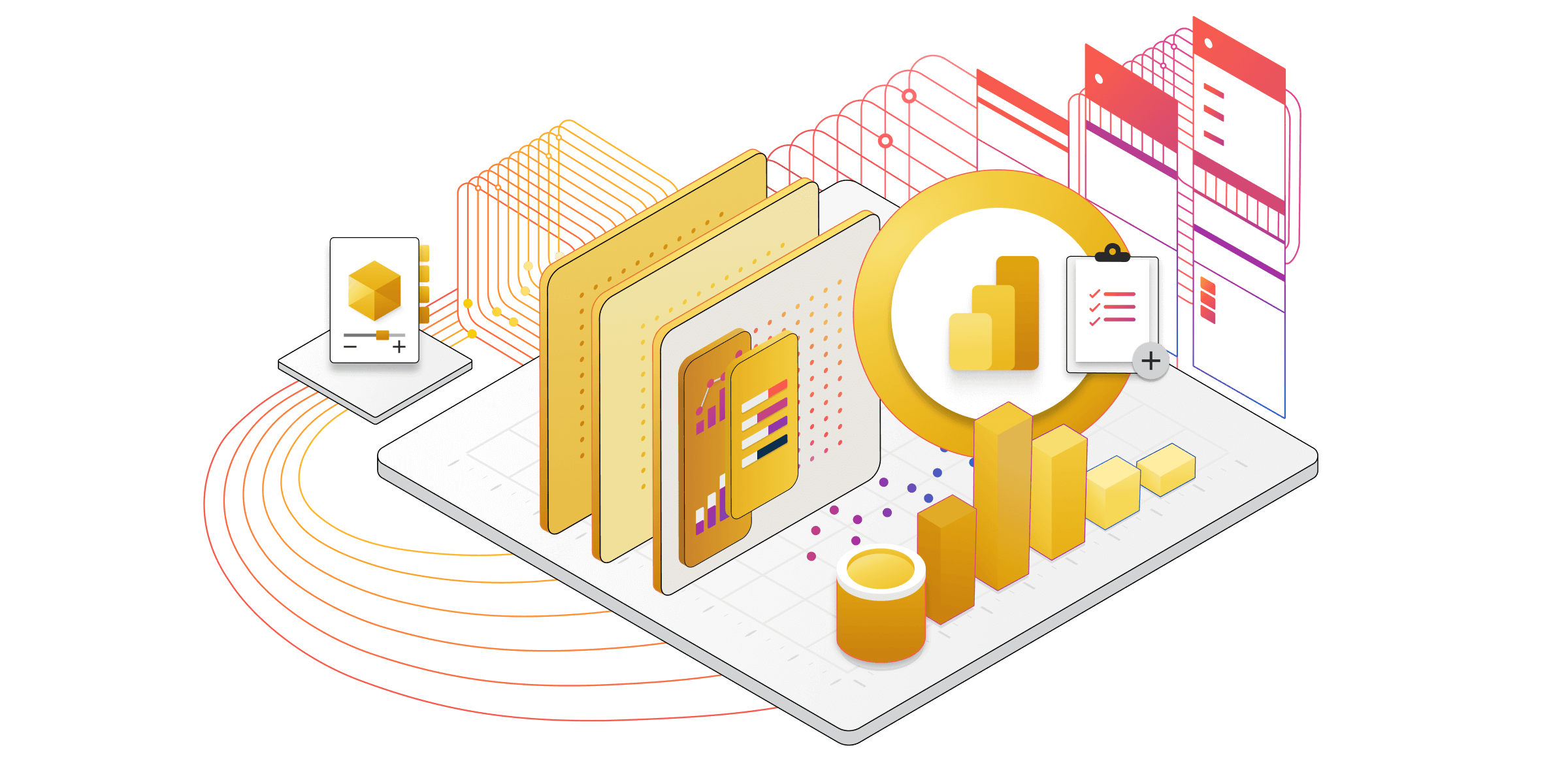 Ізометрична ілюстрація технічних компонентів для служб Power Bi.